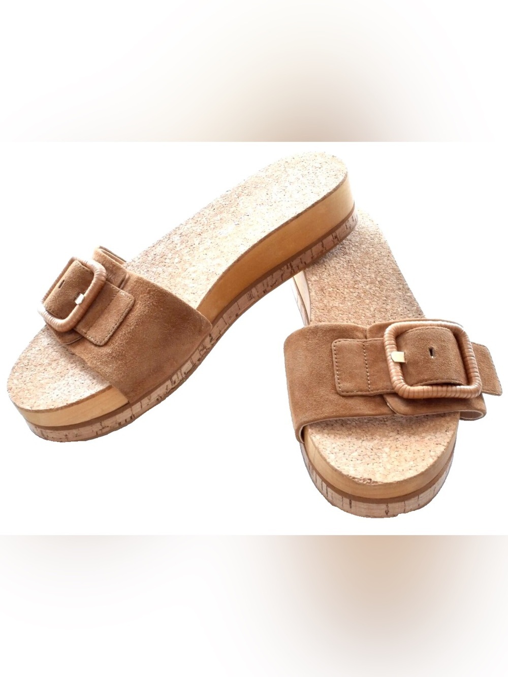Veronica Beard Chessy Suede Slide Sandal Caramel Buckle Flatform Womens 7M